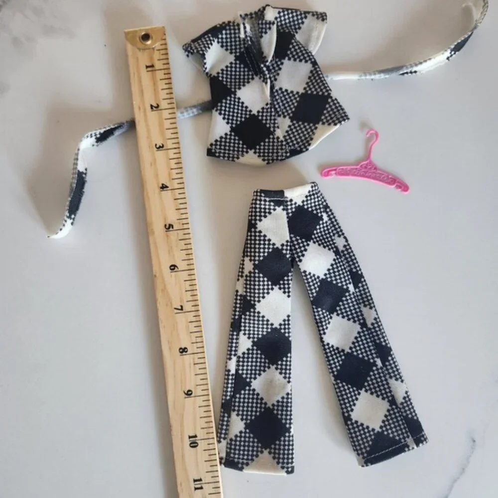 Doll Clothes 1970s handmade Gingham Bell Bottom Pants Top Outfit‎